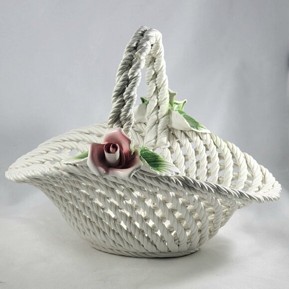 Vintage Italian Porcelain Basket Capodimonte Style Italy Pink Rose Flower Decor - Picture 4 of 12